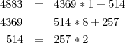 4883  =  4369 * 1+ 514
4369  =  514 * 8+ 257

 514  =  257 * 2
